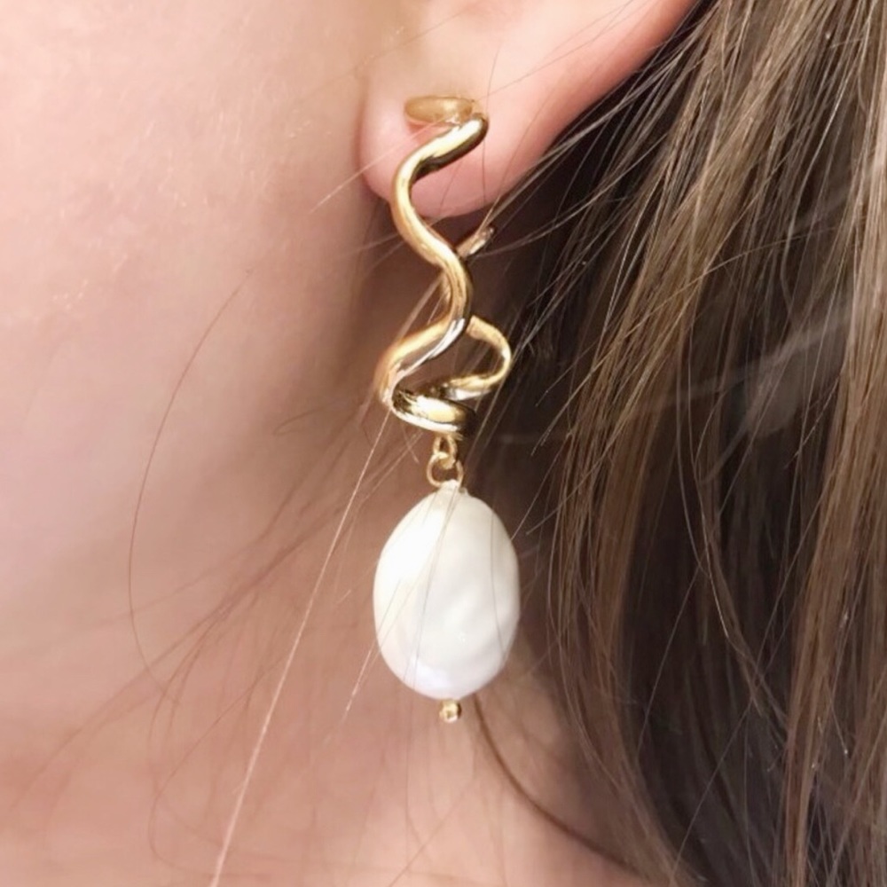 Wavy Pearl Drop Statement Earrings - Picture 5 of 6